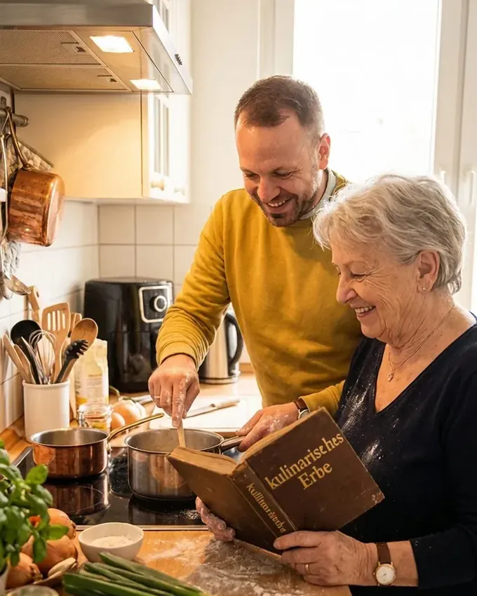 Ein Mitarbeiter der Alltagsgestalter kocht gemeinsam mit einer älteren Dame in der Küche und liest mit ihr in einem alten Kochbuch mit der Aufschrift „Kulinarisches Erbe“