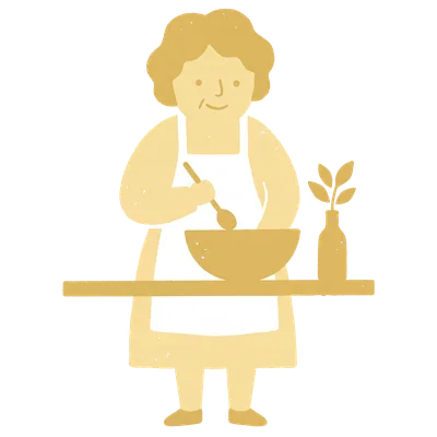 Illustration: Eine ältere Frau rührt lächelnd in einer Schüssel, daneben ein Zweig in einer Vase