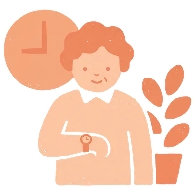 Illustration: Eine ältere Frau blickt lächelnd auf ihre Armbanduhr, im Hintergrund eine Wanduhr und eine Zimmerpflanze