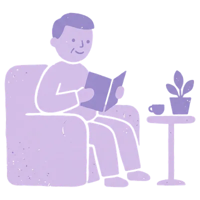 Illustration: Ein älterer Mann sitzt lächelnd in einem Sessel und liest ein Buch, daneben ein Beistelltisch mit Zimmerpflanze und Tasse